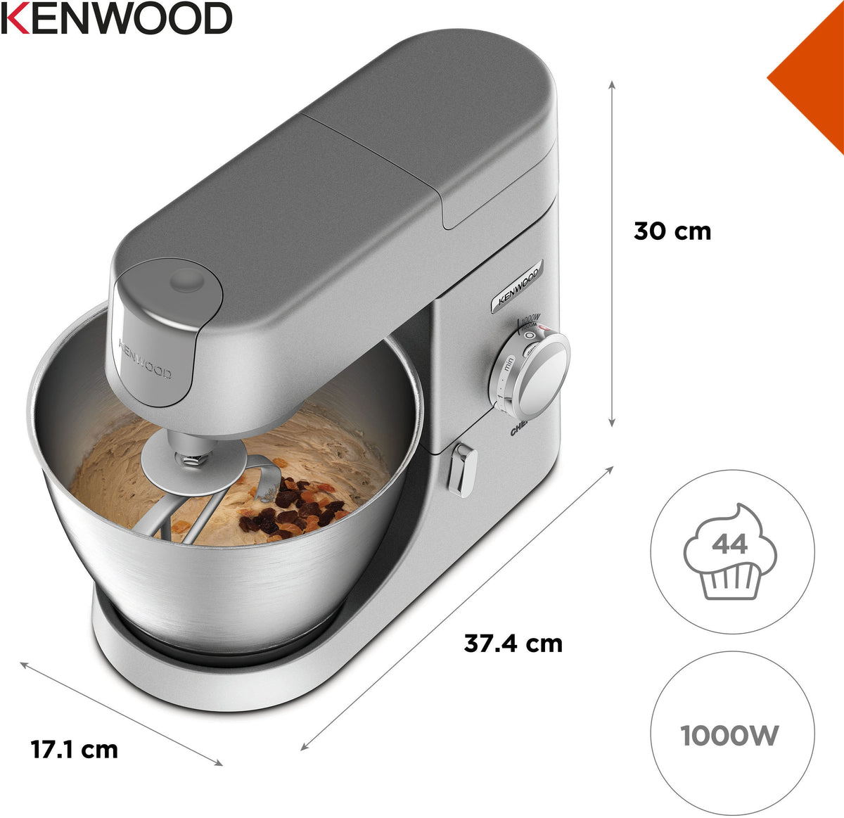 Kenwood Chef Stand Mixer - 1000W - 4.6 L Stainless Steel Bowl - KVC3100S