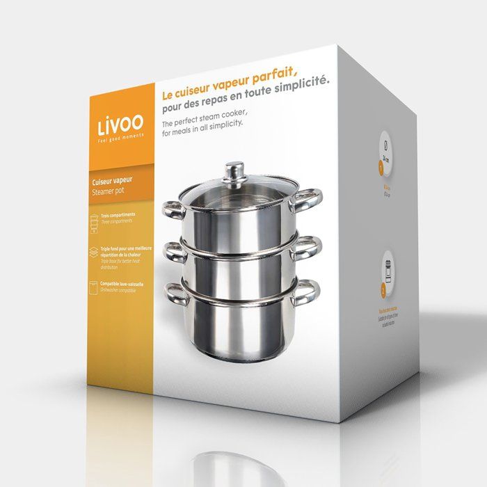 Faitout cuit vapeur - LIVOO - MEP121 - Acier inoxydable - Ø 24 cm - 1 faitout de 4 L - 2 paniers vapeur de 3 L et un couvercle