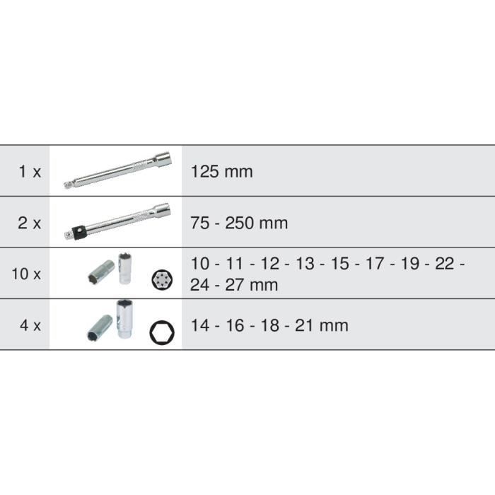 KS Tools Module - Long Socket and Accessory Module - 17 Pieces - For Tool Trolleys and Workbenches - Model 713.1026