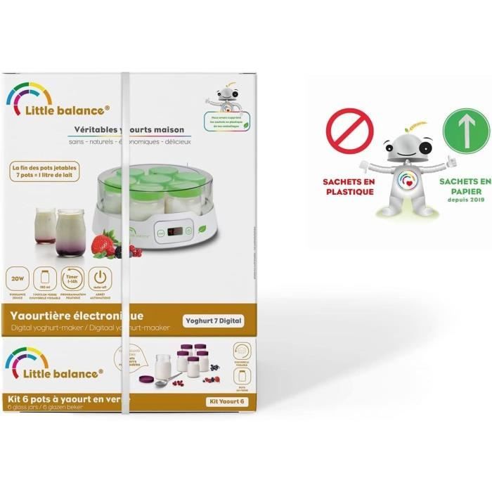 LITTLE BALANCE Yogurt Maker - 7 x 190 ml Jars + 6 Additional Jars - Programmable up to 14 Hours - 20W