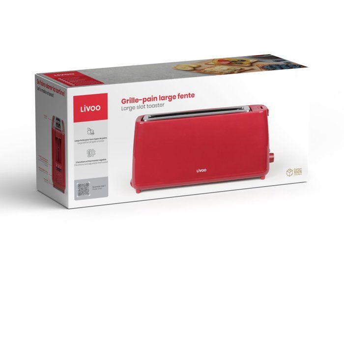 Grille-pain fente longue - LIVOO - DOD168RC - 900 W - Thermostat réglable : 7 niveaux - Rouge