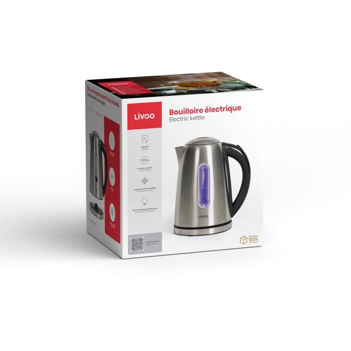 LIVOO Kettle - 2200 W - 1.7 L - 360° Swivel Base - Stainless Steel - DOD195