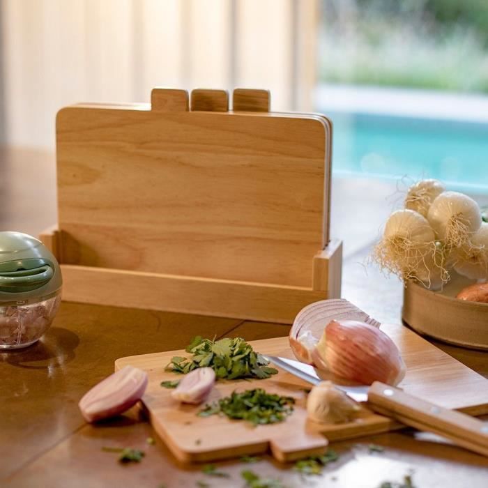 LIVOO Set of 4 Rubberwood Cutting Boards with Storage Rack - 26 x 18 cm MES142