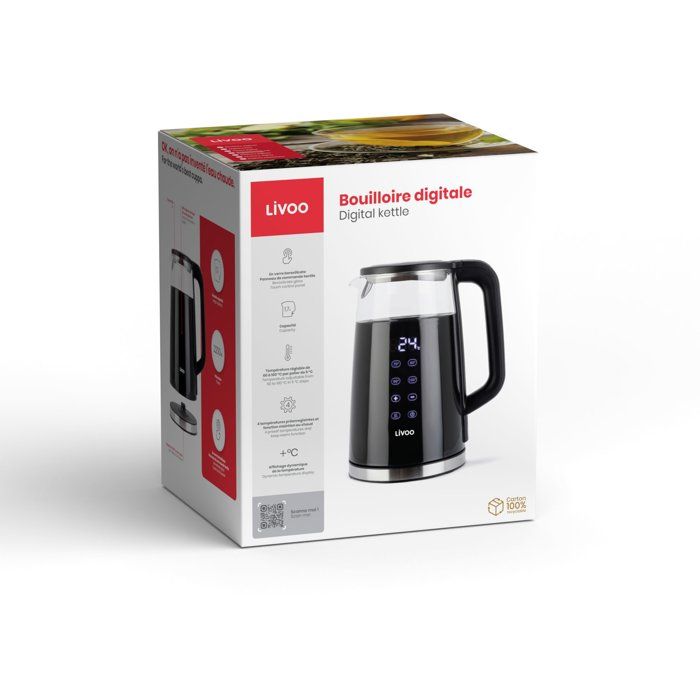 LIVOO Digital Kettle - 2200 W - 1.7 L - Clear Glass - DOD198
