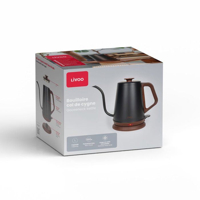 LIVOO Gooseneck Kettle - DOD206 - 1360 W - 1 L - 360° Swivel Base - Black/ Brown