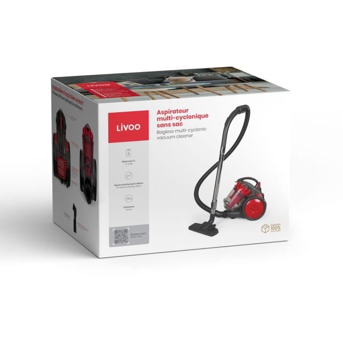 LIVOO DOH136R Bagless Multi-Cyclonic Vacuum Cleaner - 700 W - 16 kPa - 78 dB - 3 L - Washable Filter - Red/ Grey