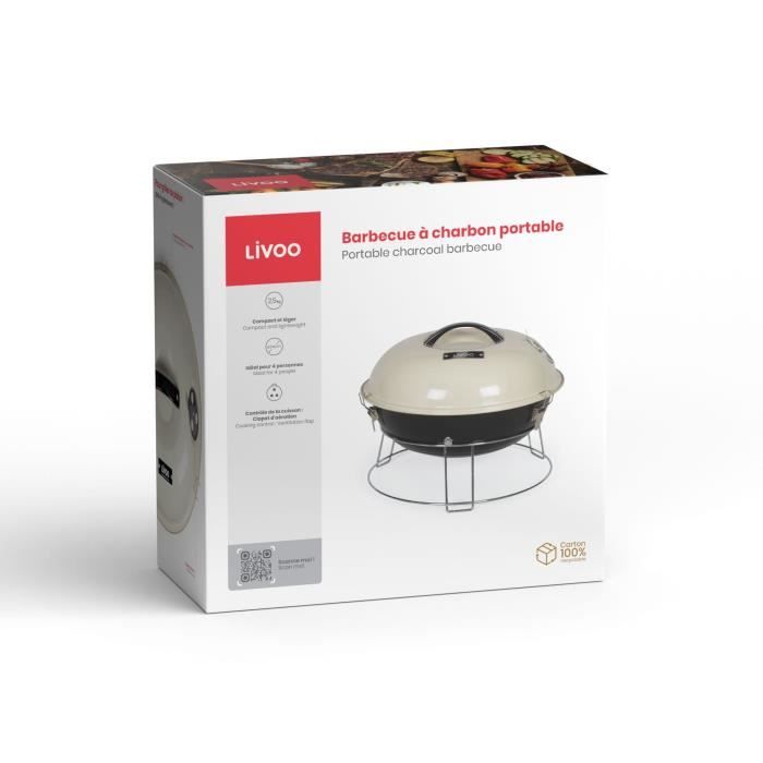 LIVOO Portable Charcoal Barbecue - DOC301 - 34 cm - Chrome-plated Grill