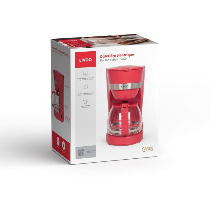 LIVOO Electric Coffee Maker, 750 W, 1.25 L, 10-12 Cups, Chili Red, DOD200RC