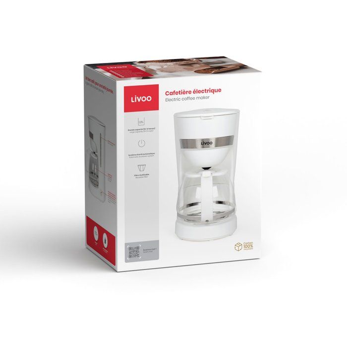 LIVOO Electric Coffee Maker, 750 W, 1.25 L, 10-12 Cups, White, DOD200W