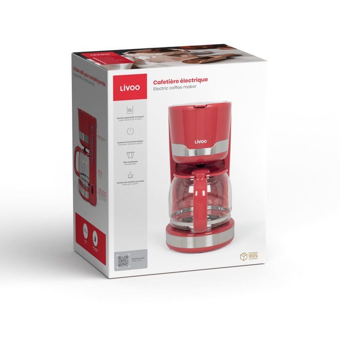 LIVOO Electric Coffee Maker, 1000 W, 1.5 L, 12-14 Cups, Chili Red, DOD201RC