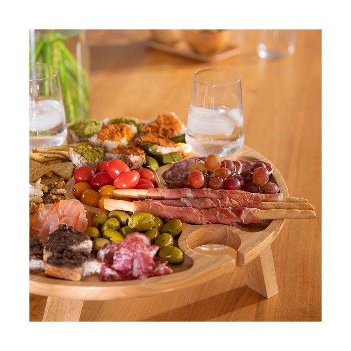 LIVOO Appetizer Tray - MES150 - Rubberwood - Divider Tray - 4 Notches for Glasses - Folding Legs