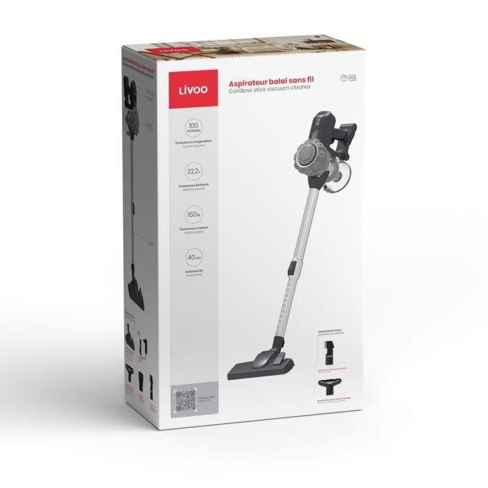LIVOO DOH141 Cordless Stick Vacuum Cleaner - 150 W - 10 kPa - 0.55 L - Grey