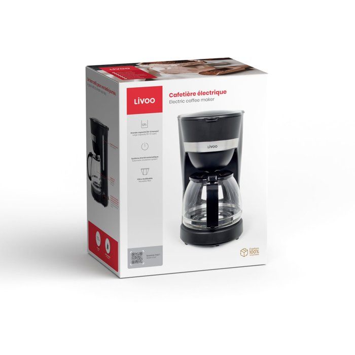 LIVOO Electric Coffee Maker - 750 W - 1.25 L - 10 to 12 Cups - Black - DOD200N