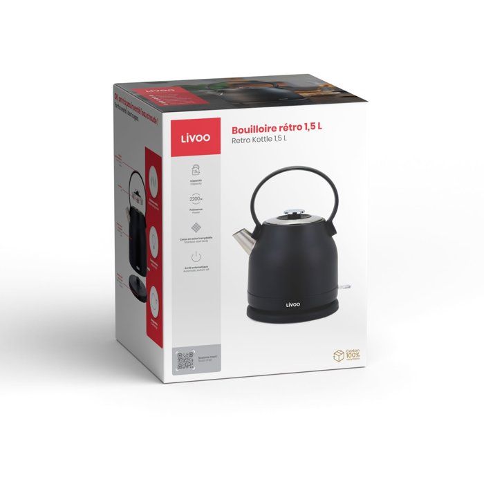 LIVOO Retro Kettle - 1.5 L - 2200 W - 360° Swivel Base - Black - DOD202N