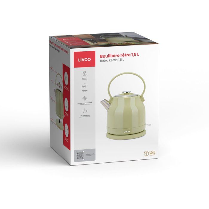 LIVOO Retro Kettle - 2200 W - 1.5 L - 360° Swivel Base - Matcha - DOD202M