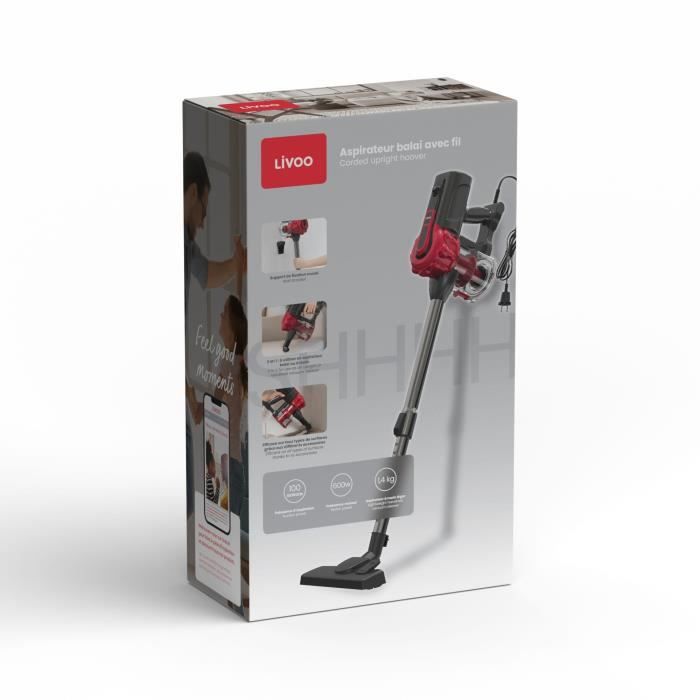 LIVOO DOH142 Corded Stick Vacuum Cleaner - 600 W - 12 kPa - 0.55 L - Red