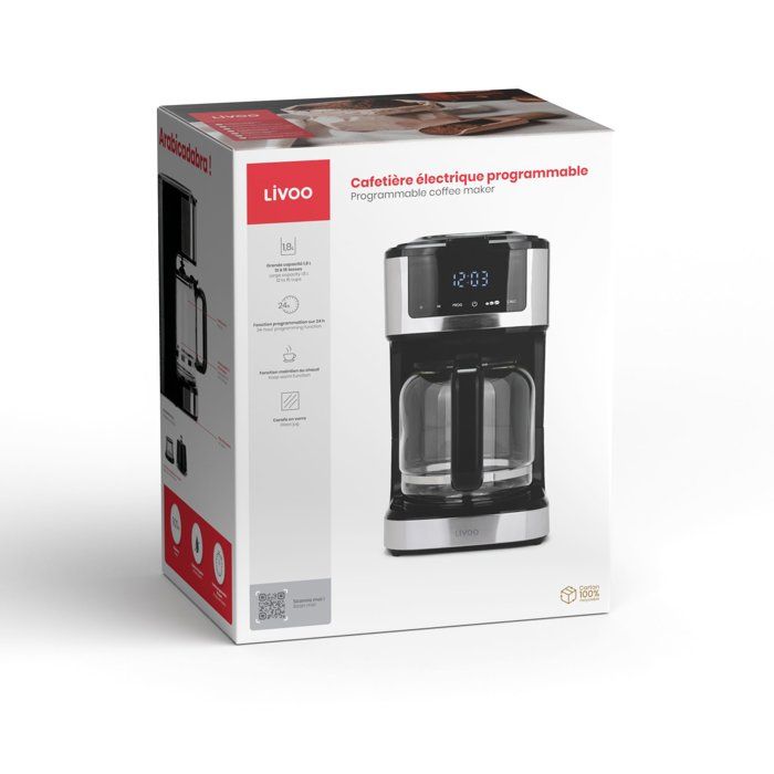 Programmable electric coffee maker - LIVOO - DOD208 - 900 W - 1.8 L - 12 to 15 cups - Black
