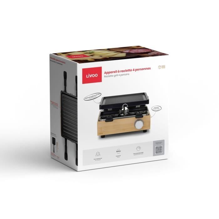 LIVOO Raclette Grill - 800W - Serves 4 People - Removable Non-Stick Grill Plate - Adjustable Thermostat DOC311