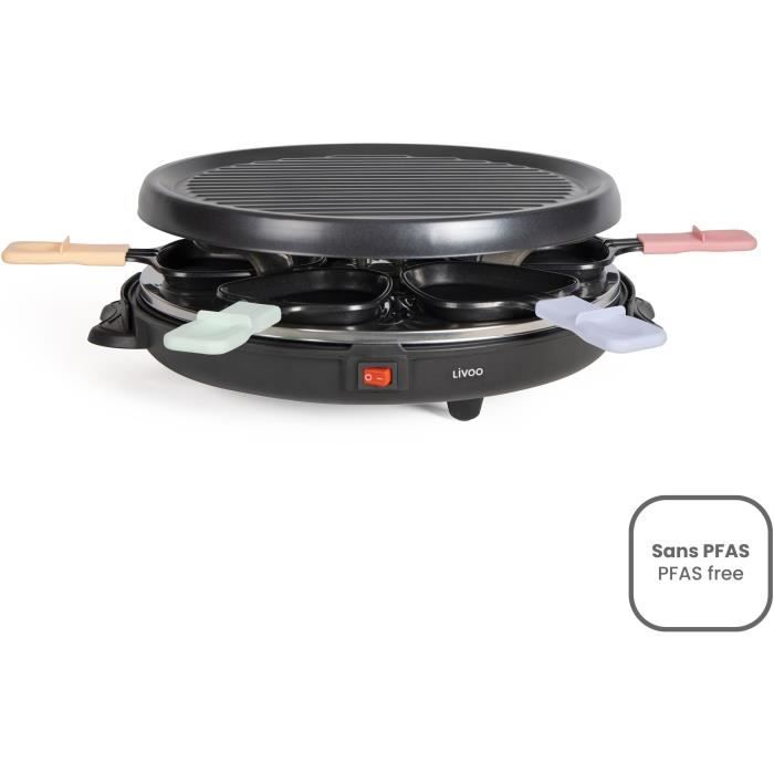 LIVOO Raclette Grill - DOC207P - Serves 6 People - 800W - Removable Grill Door