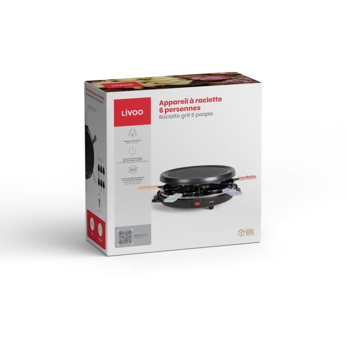 LIVOO Raclette Grill - DOC207P - Serves 6 People - 800W - Removable Grill Door
