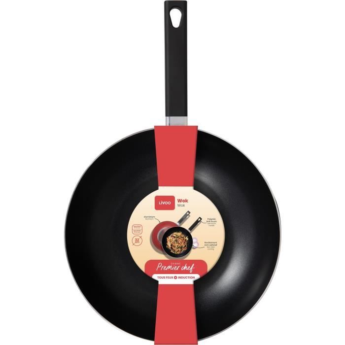 LIVOO Wok - MEP156R - 32 cm - Non-stick, PFOA and PFOS Free - Silicone Handle - Suitable for All Hobs Including Induction