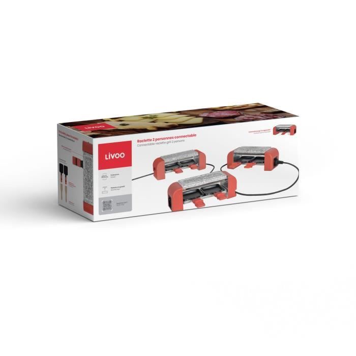 LIVOO Raclette Grill for 2 People - DOC310R - 450W - Automatic Thermostat - 2 Wooden Spatulas