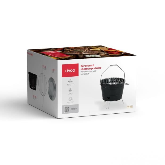 LIVOO Portable Charcoal Barbecue - DOC327N - 27 cm Cooking Surface - Folding Legs