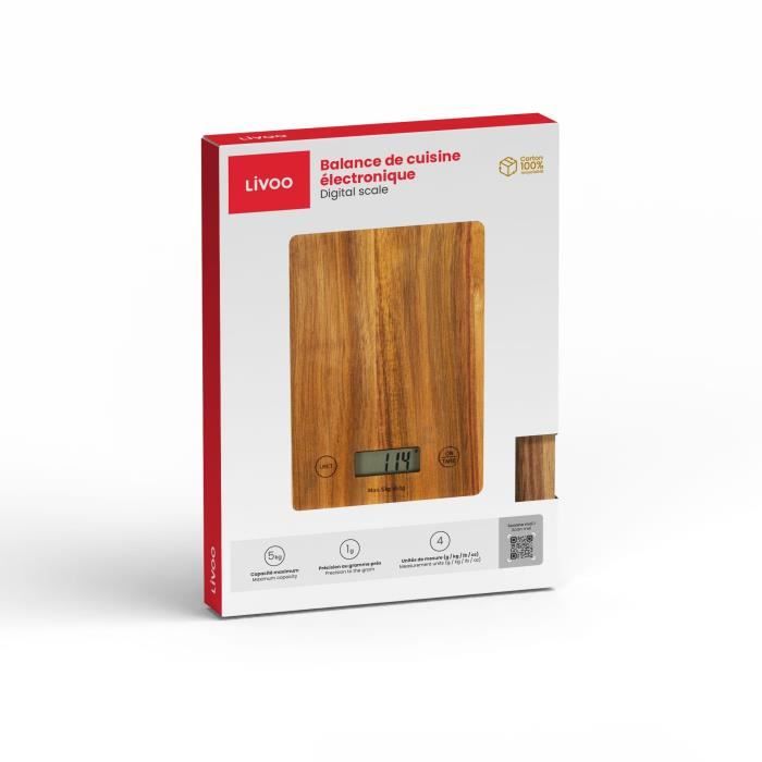 Livoo Electronic Kitchen Scale - DOM492 - 5 kg Capacity - Acacia Wood