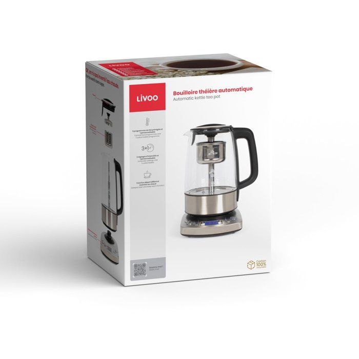 LIVOO Automatic Kettle - DOD209 - 2200 W - 1.7 L - 3 Preset Brewing Modes - Glass/ Stainless Steel