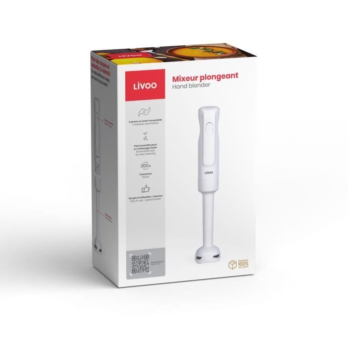LIVOO Immersion Blender - 300W - 2 Stainless Steel Blades - 1 Speed - White
