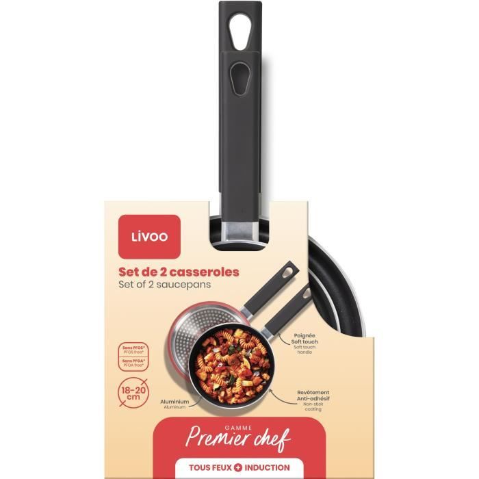 LIVOO MEP154R Set of 2 Saucepans - Non-stick, PFOA-free - Silicone Handle - Suitable for All Hobs