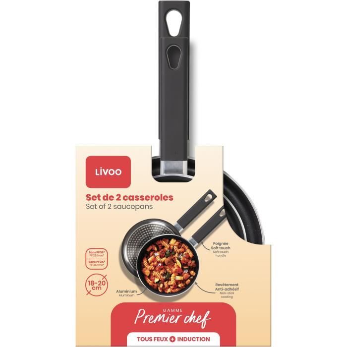 LIVOO MEP154N Set of 2 Saucepans - PFOA-free Non-stick - Silicone Handle - Suitable for All Hobs