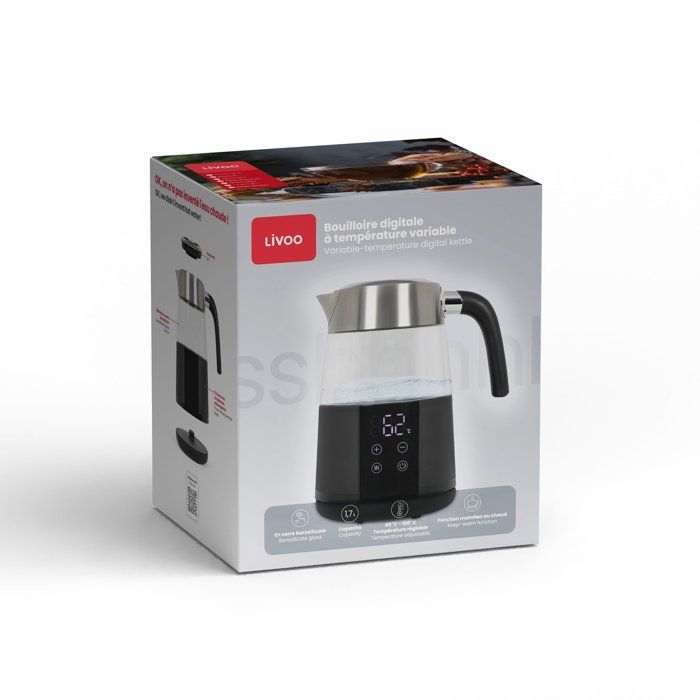 LIVOO DOD221N Digital Kettle - 1.7 L - 2200 W - 360° Swivel Base - Stainless Steel