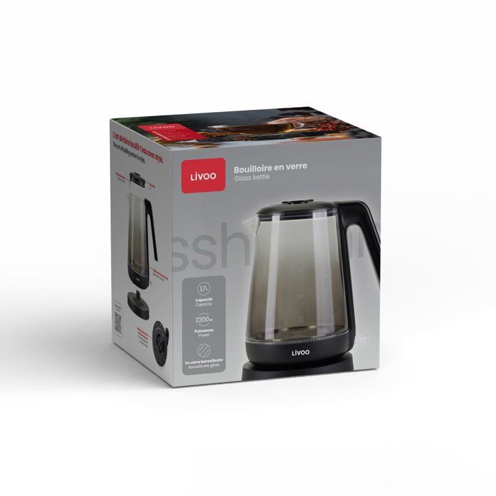 LIVOO Kettle - 1.7 L - 2200 W - Glass/ Black - DOD216N