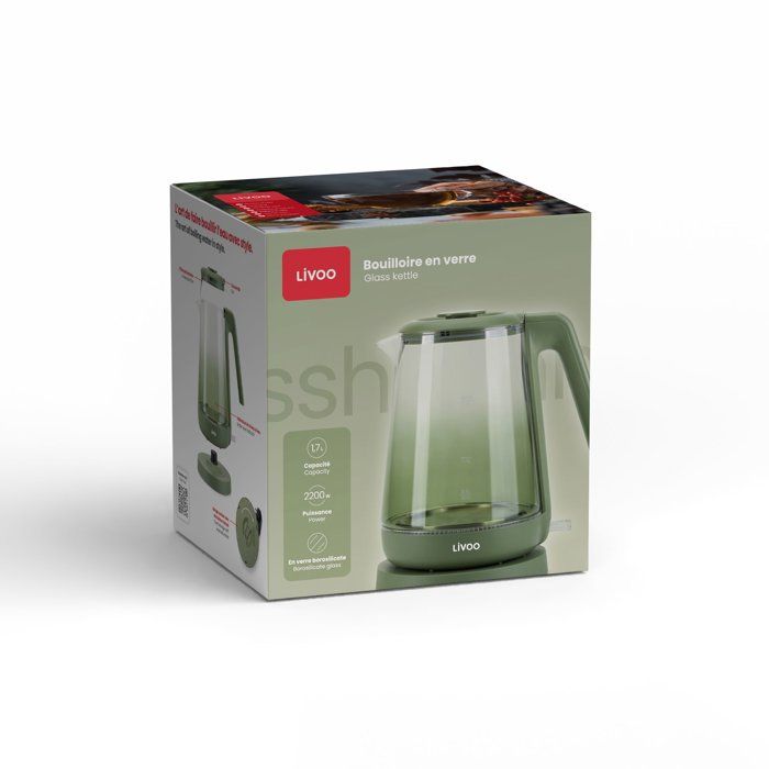 LIVOO Kettle - 1.7 L - 2200 W - Glass/ Green - DOD216V
