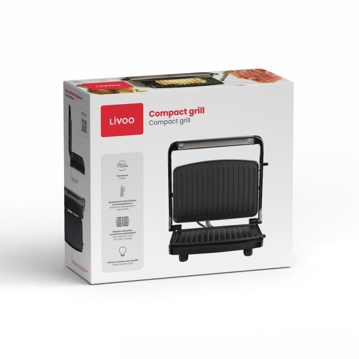Compact grill - LIVOO - DOC232G - 750W - 2 plaques - Antiadhésif - Surface de cuisson de 23 x 15 cm - Témoins lumineux