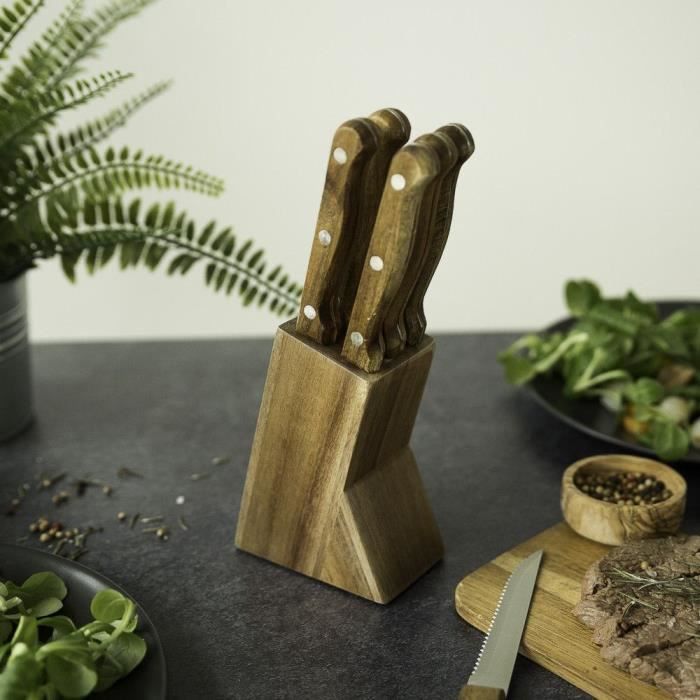 LIVOO Steak Knives Set - 6 Knives with Stand - 11 cm - Stainless Steel - Acacia Wood Handle MEC133