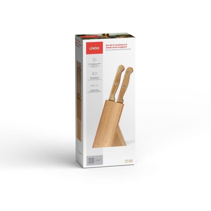 LIVOO Steak Knives Set - 6 Knives with Stand - 11 cm - Stainless Steel - Acacia Wood Handle MEC133
