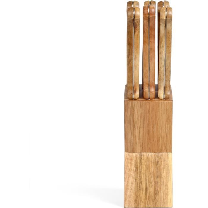 LIVOO Steak Knives Set - 6 Knives with Stand - 11 cm - Stainless Steel - Acacia Wood Handle MEC133