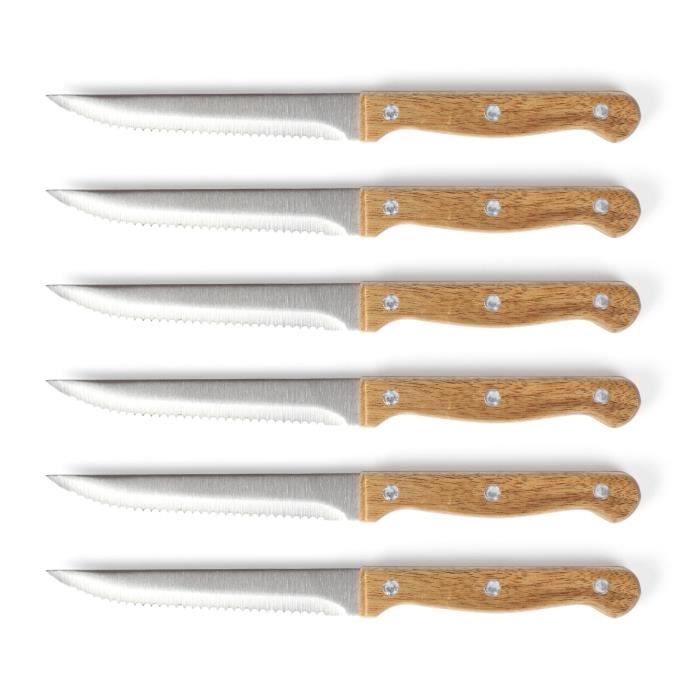 LIVOO Steak Knives Set - 6 Knives with Stand - 11 cm - Stainless Steel - Acacia Wood Handle MEC133