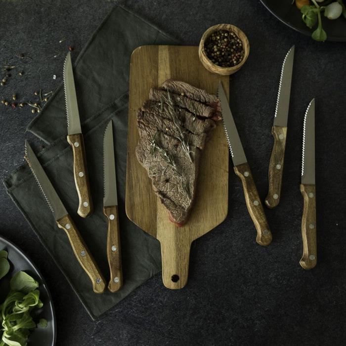 LIVOO Steak Knives Set - 6 Knives with Stand - 11 cm - Stainless Steel - Acacia Wood Handle MEC133