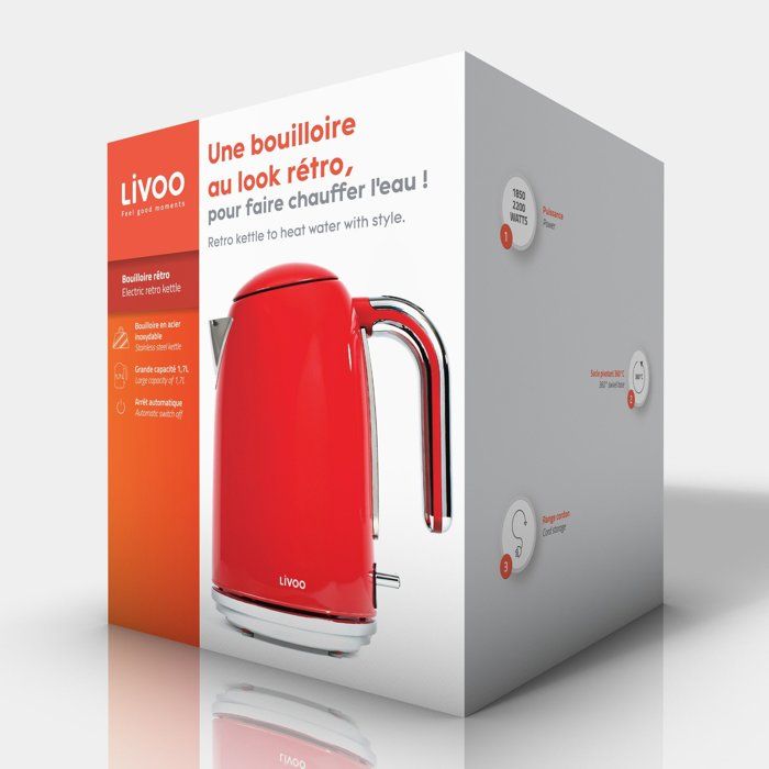 LIVOO Retro Kettle - 2200 W - 1.7 L - 360° Swivel Base - Red - DOD180R