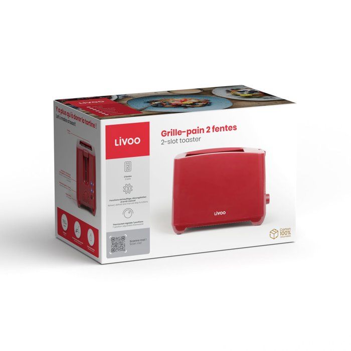 LIVOO Toaster - 750W - 2 Slots - Adjustable Thermostat: 7 Levels - DOD162RC - Red 2-slice