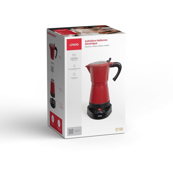 LIVOO Electric Italian Coffee Maker - DOD117RC - 480 W - 300 ml - 6 Cups - Red/Black