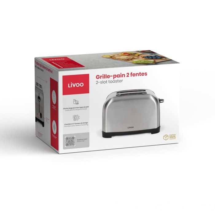 LIVOO Toaster - 850W - 2 Slots - Adjustable Thermostat: 7 Levels - DOD196 - Stainless Steel 2-slice