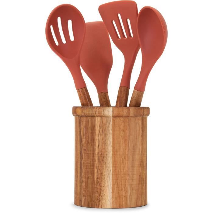 LIVOO Set of 4 Utensils - FSC Acacia Pot and Utensils - Silicone 31 cm - Pot 15 x 12 cm MES153