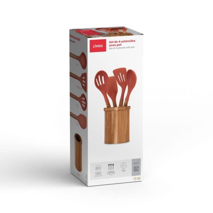 LIVOO Set of 4 Utensils - FSC Acacia Pot and Utensils - Silicone 31 cm - Pot 15 x 12 cm MES153