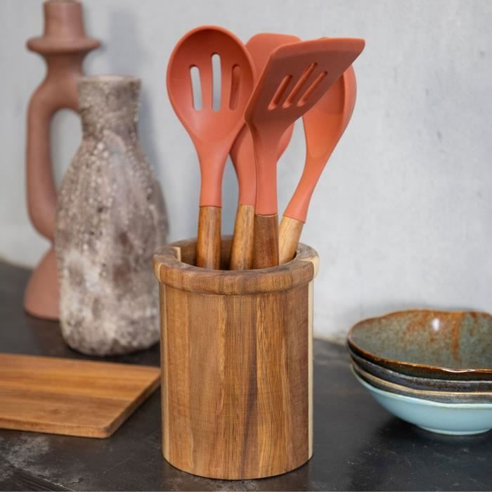 LIVOO Set of 4 Utensils - FSC Acacia Pot and Utensils - Silicone 31 cm - Pot 15 x 12 cm MES153