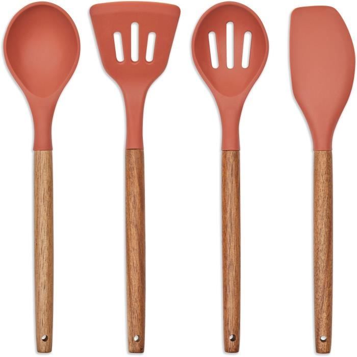 LIVOO Set of 4 Utensils - FSC Acacia Pot and Utensils - Silicone 31 cm - Pot 15 x 12 cm MES153