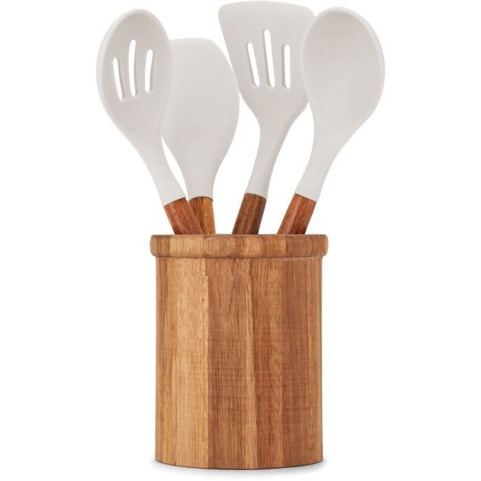 LIVOO Set of 4 Utensils with Pot - FSC Acacia Wood - Silicone 31 cm - Pot 15 x 12 cm MES153G